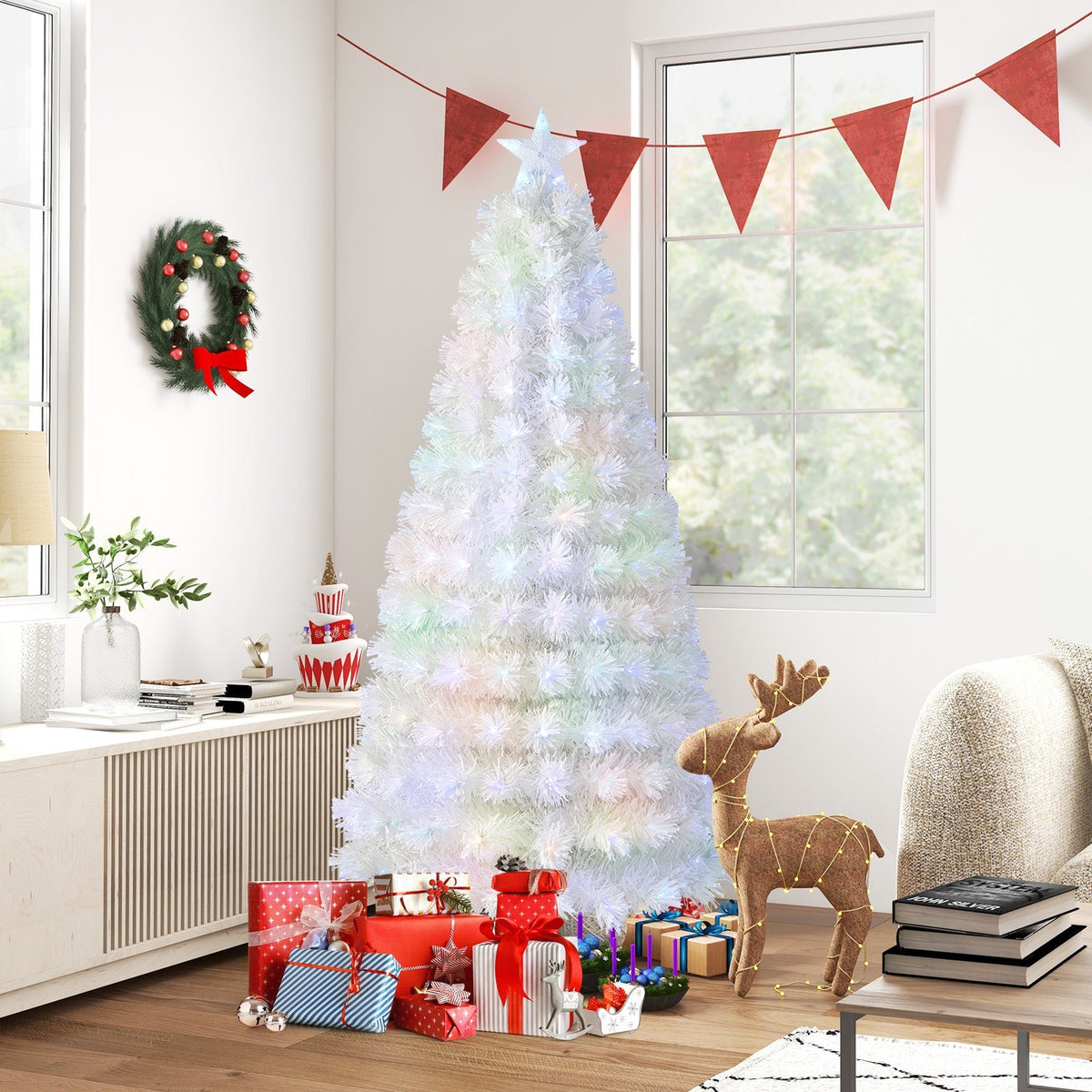 6/7 Feet Pre-Lit Fiber Optic White Snow-Flocked Artificial Christmas Tree