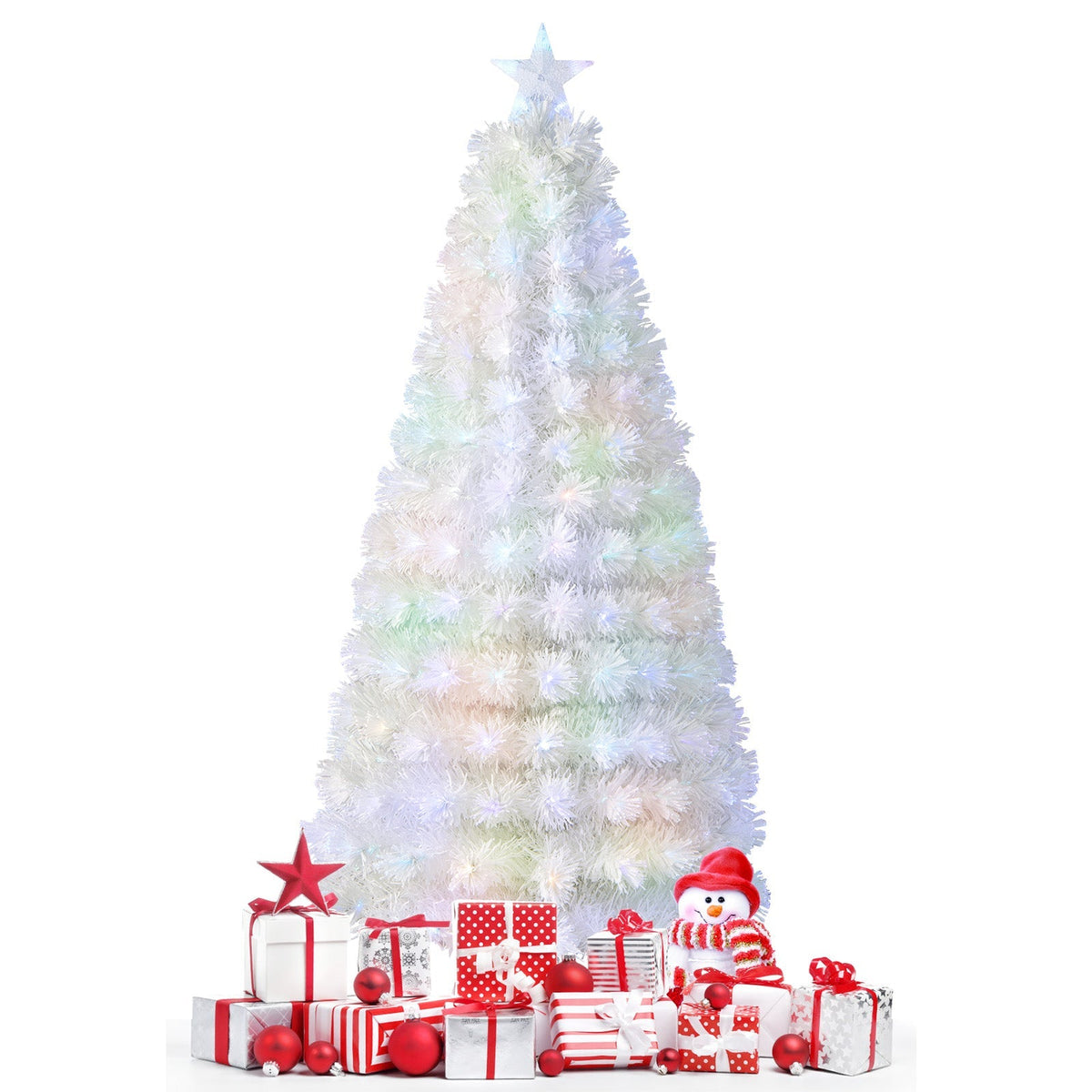 6/7 Feet Pre-Lit Fiber Optic White Snow-Flocked Artificial Christmas Tree