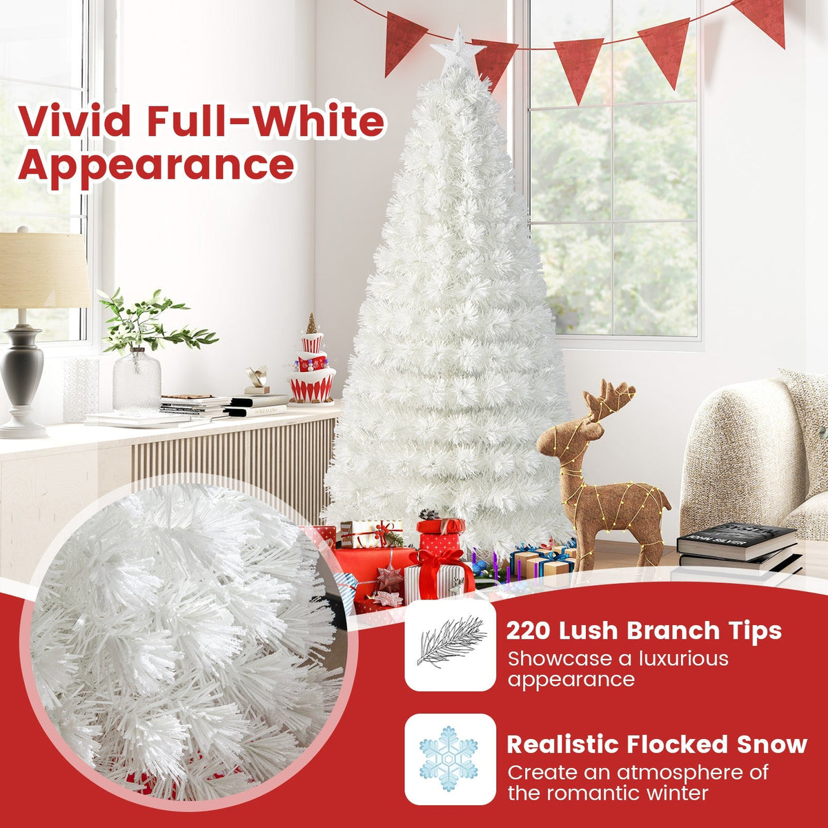 6/7 Feet Pre-Lit Fiber Optic White Snow-Flocked Artificial Christmas Tree