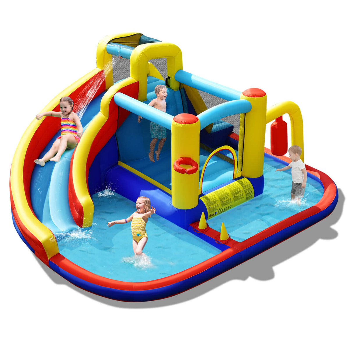 Tobogán de agua inflable 7 en 1 con piscina y muro para escalar (sin soplador)