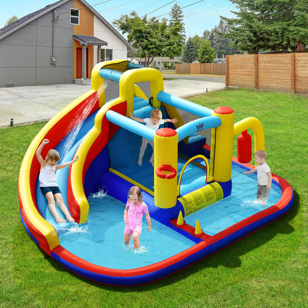 Tobogán de agua inflable 7 en 1 con piscina y muro para escalar (sin soplador)