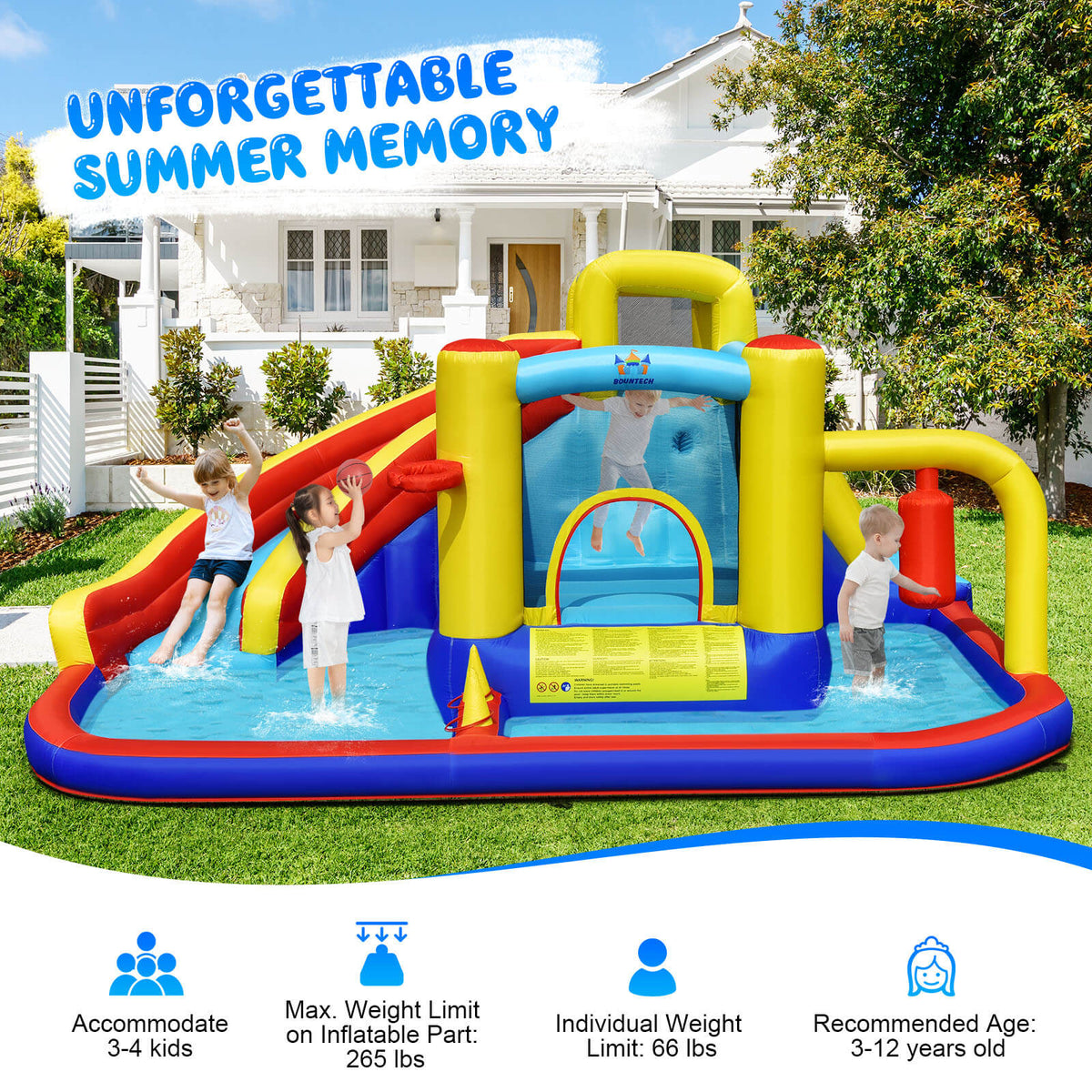 Tobogán de agua inflable 7 en 1 con piscina y muro para escalar (sin soplador)