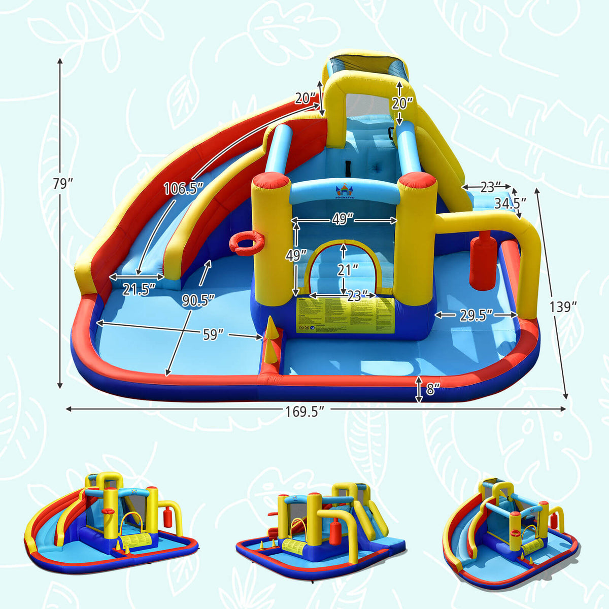 Tobogán de agua inflable 7 en 1 con piscina y muro para escalar (sin soplador)
