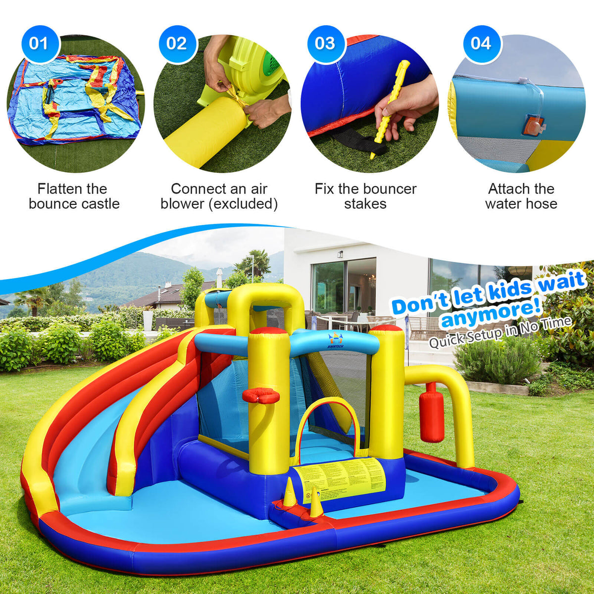 Tobogán de agua inflable 7 en 1 con piscina y muro para escalar (sin soplador)