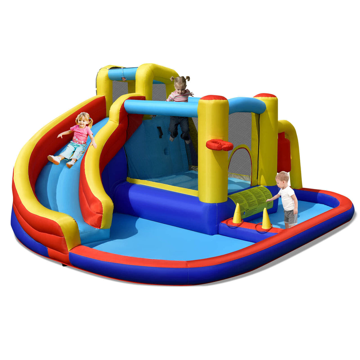 Tobogán de agua inflable 7 en 1 con piscina y muro para escalar (sin soplador)