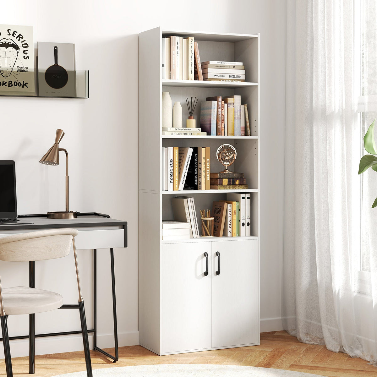 70 Inch Bookcase 6-Tier with Adjustable Shelves and 2-Door Cabinet