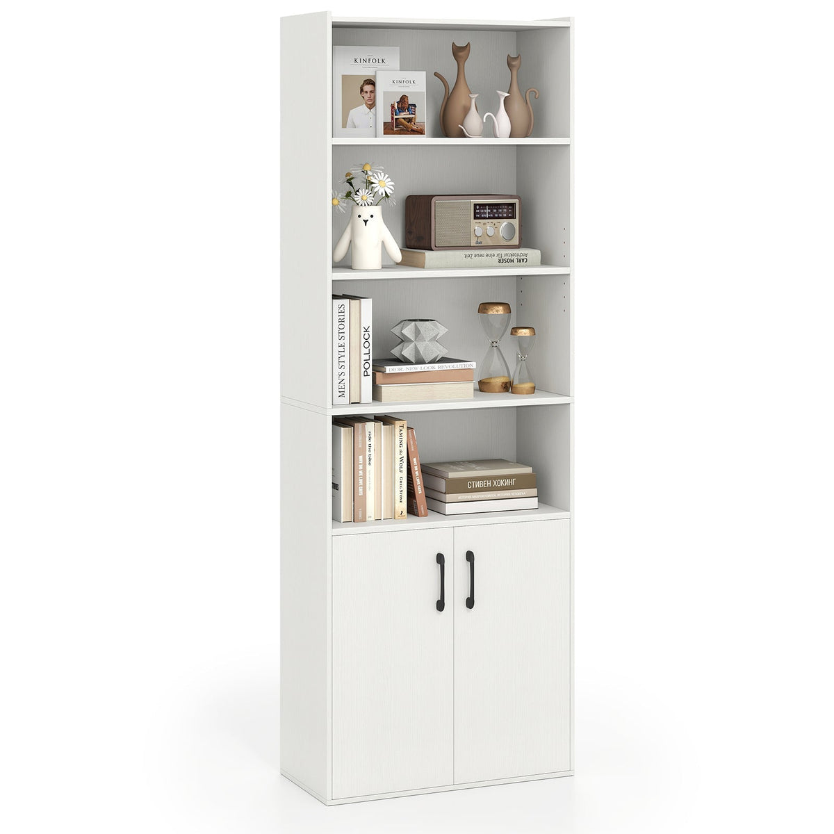 70 Inch Bookcase 6-Tier with Adjustable Shelves and 2-Door Cabinet