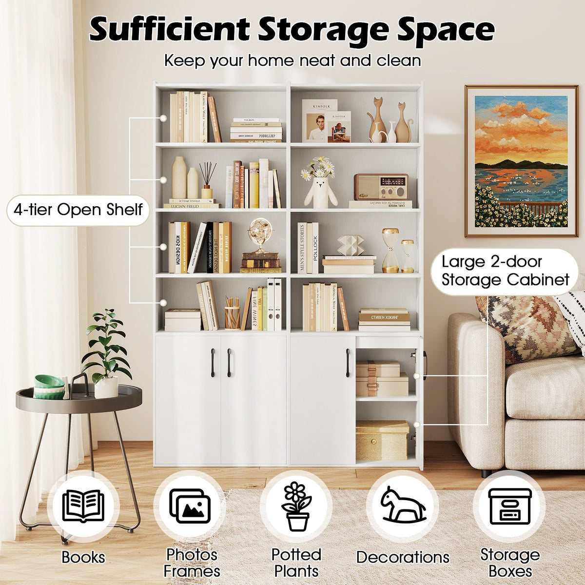 70 Inch Bookcase 6-Tier with Adjustable Shelves and 2-Door Cabinet