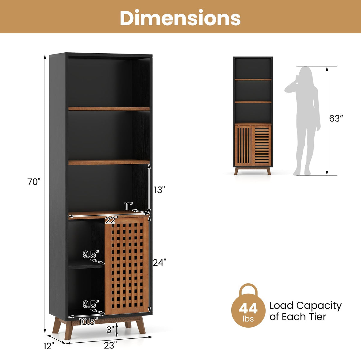 70 Inch 5-Tier Bookshelf with Reversible Adjustable Shelf-Black