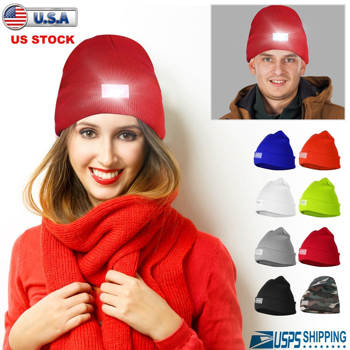 Unisex 5 LED Knitted Beanie Winter Warm Hat Camping Jogging Running Cap Headlamp