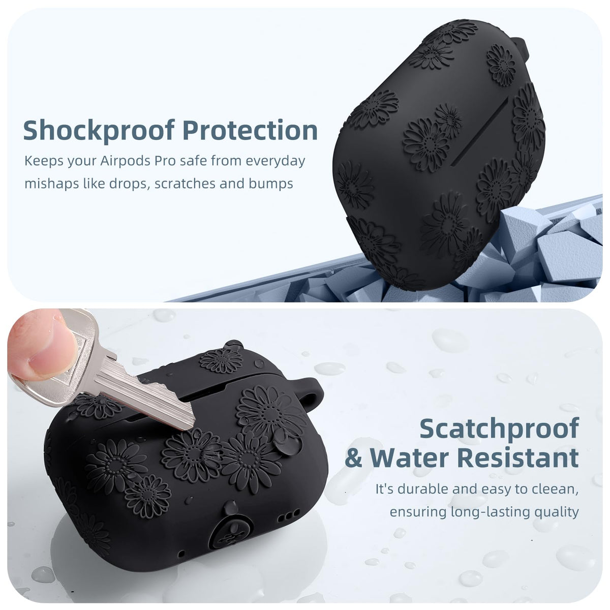 Funda de silicona Adorve para AirPods Pro 2 con grabado de flores, color negro, LED frontal visible