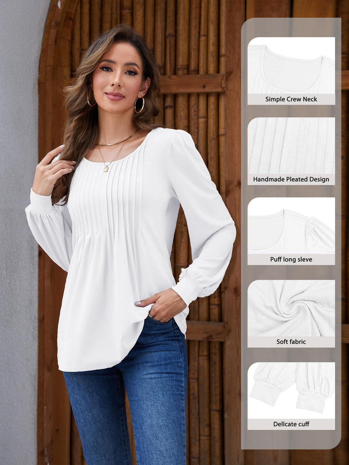 Camisa tipo túnica Licemere para mujer, de manga larga con pliegues y mangas abullonadas, color blanco, talla L