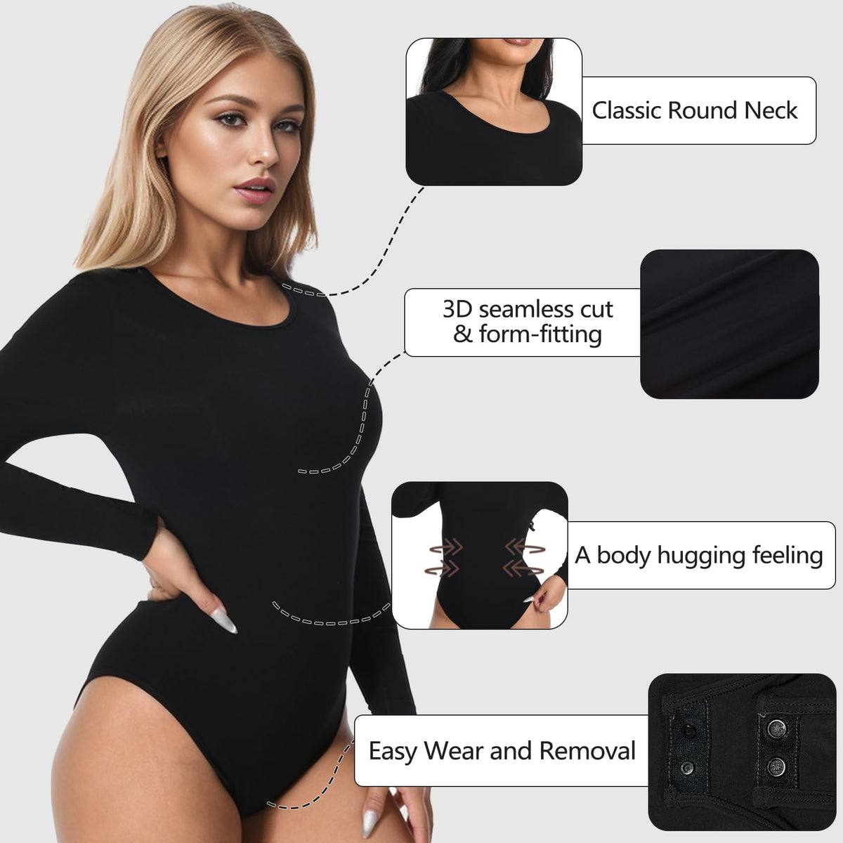 +MD Body de manga larga con cuello redondo, cintura entallada, color negro, talla M