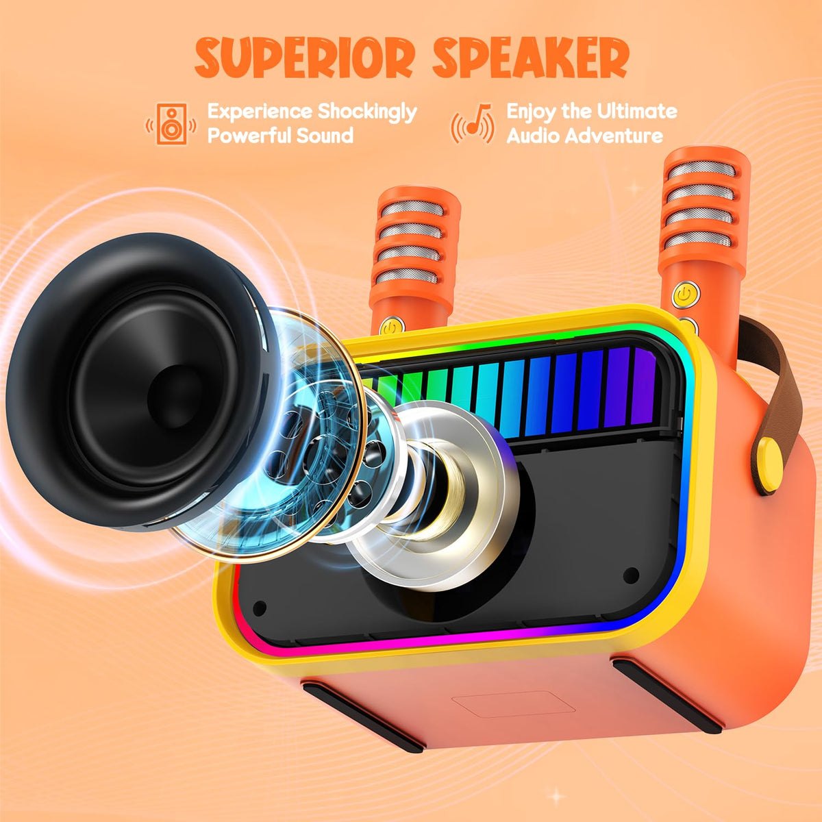 Máquina de karaoke para niños VERKB, altavoz Bluetooth portátil con 2 micrófonos, naranja