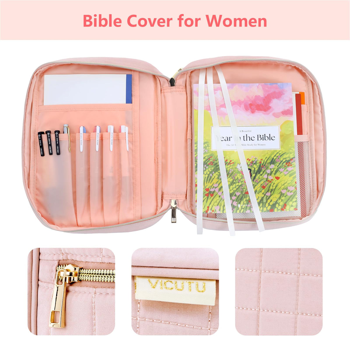 Funda para Biblia VICUTU para mujer con asa, bolso de transporte acolchado y suave, color rosa