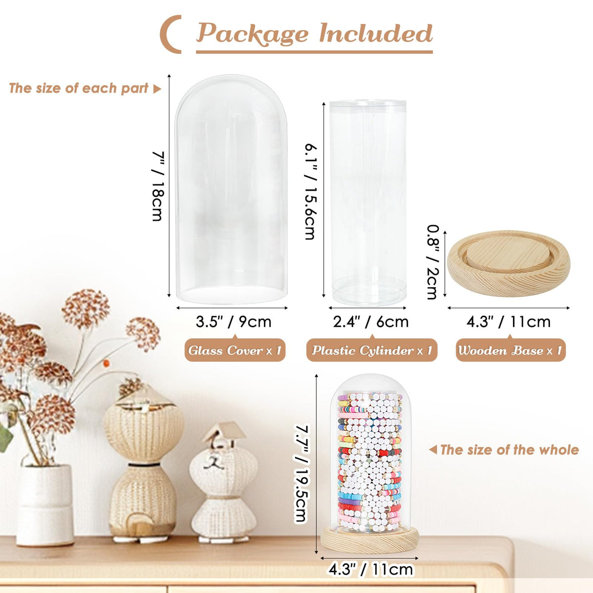 Organizador de pulseras de la amistad Aolamegs con luces y base de madera rústica transparente