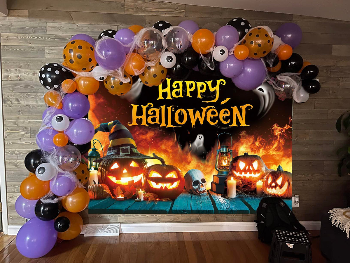 Telón de fondo de Halloween con fantasma, calabaza, llama y casa encantada, pancarta para fiesta de 6x4 pies