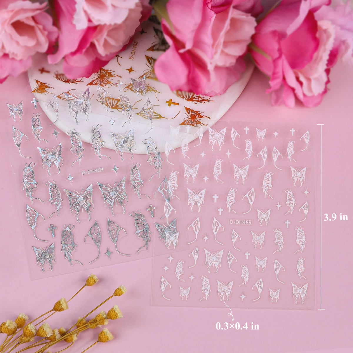 Kikonoke 12 hojas de pegatinas láser para uñas con diseño de mariposa, calcomanías 3D en blanco, plateado y dorado