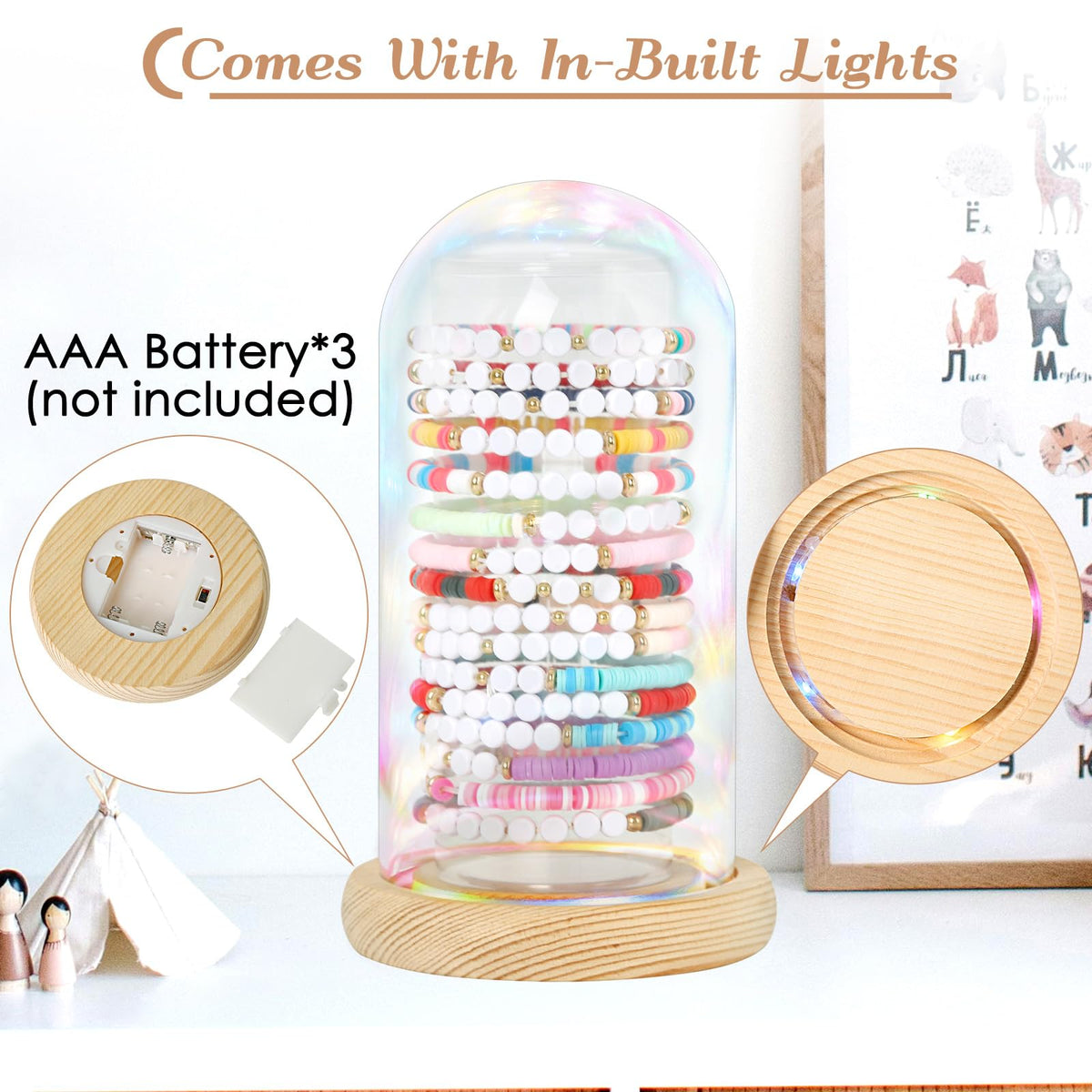 Organizador de pulseras de la amistad Aolamegs con luces y base de madera rústica transparente