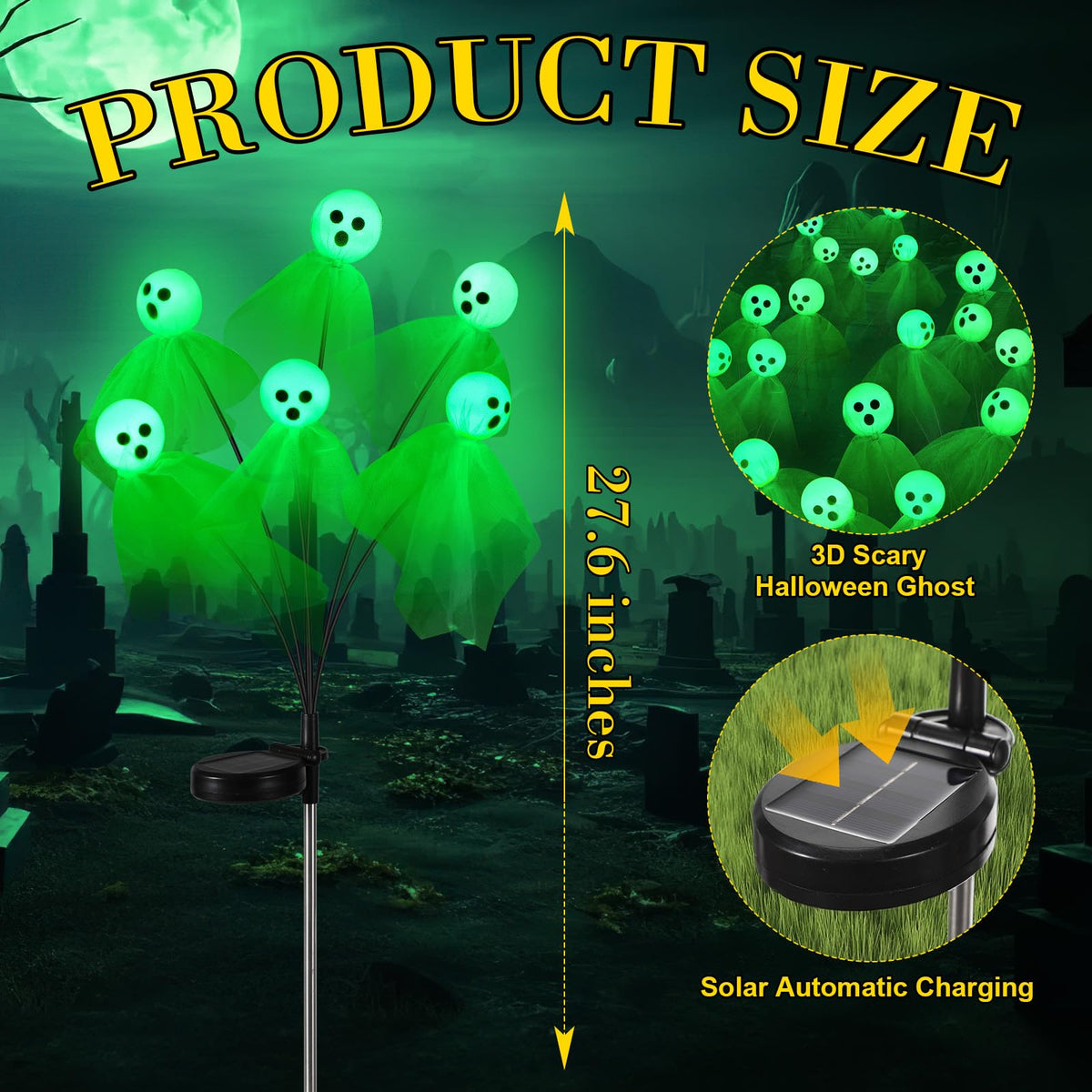 VIHOSE Paquete de 6 luces solares de Halloween para camino, diseño de fantasma, 36 LED, color verde, para exteriores