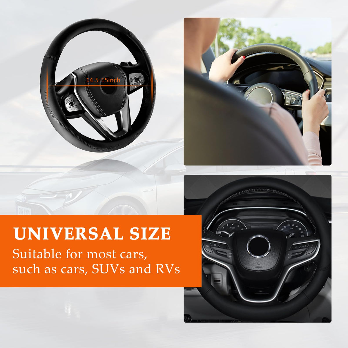 Funda para volante Ziciner de cuero suave, duradera, universal, 14.5-15 pulgadas, gris