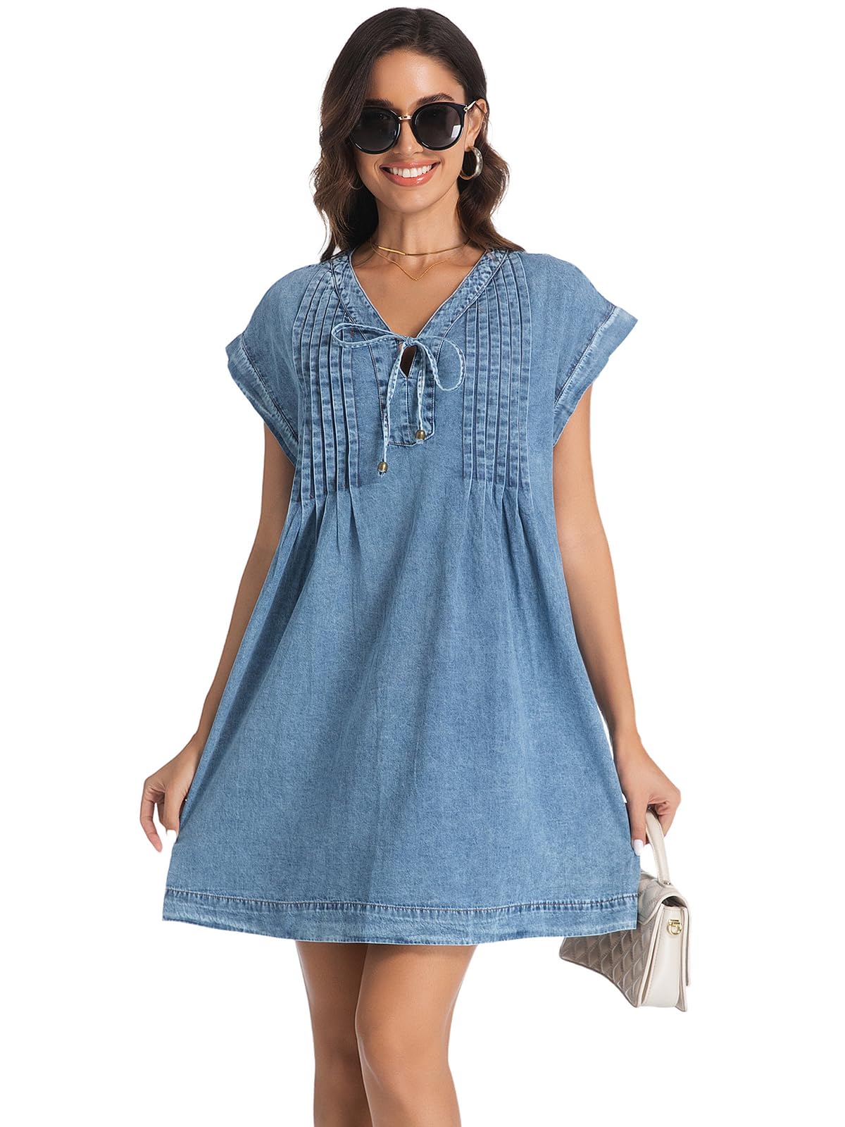 LIUSHIQI Mono Vaquero para Mujer, Escote en V, Lazos Delanteros, Bolsillos, Azul, Talla S