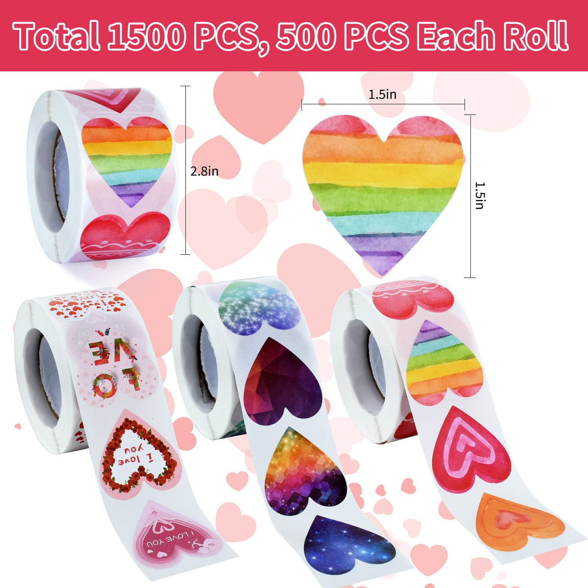 CTOHN 1500 pegatinas de corazón rojo de 1.5 pulgadas, rollo de amor autoadhesivo