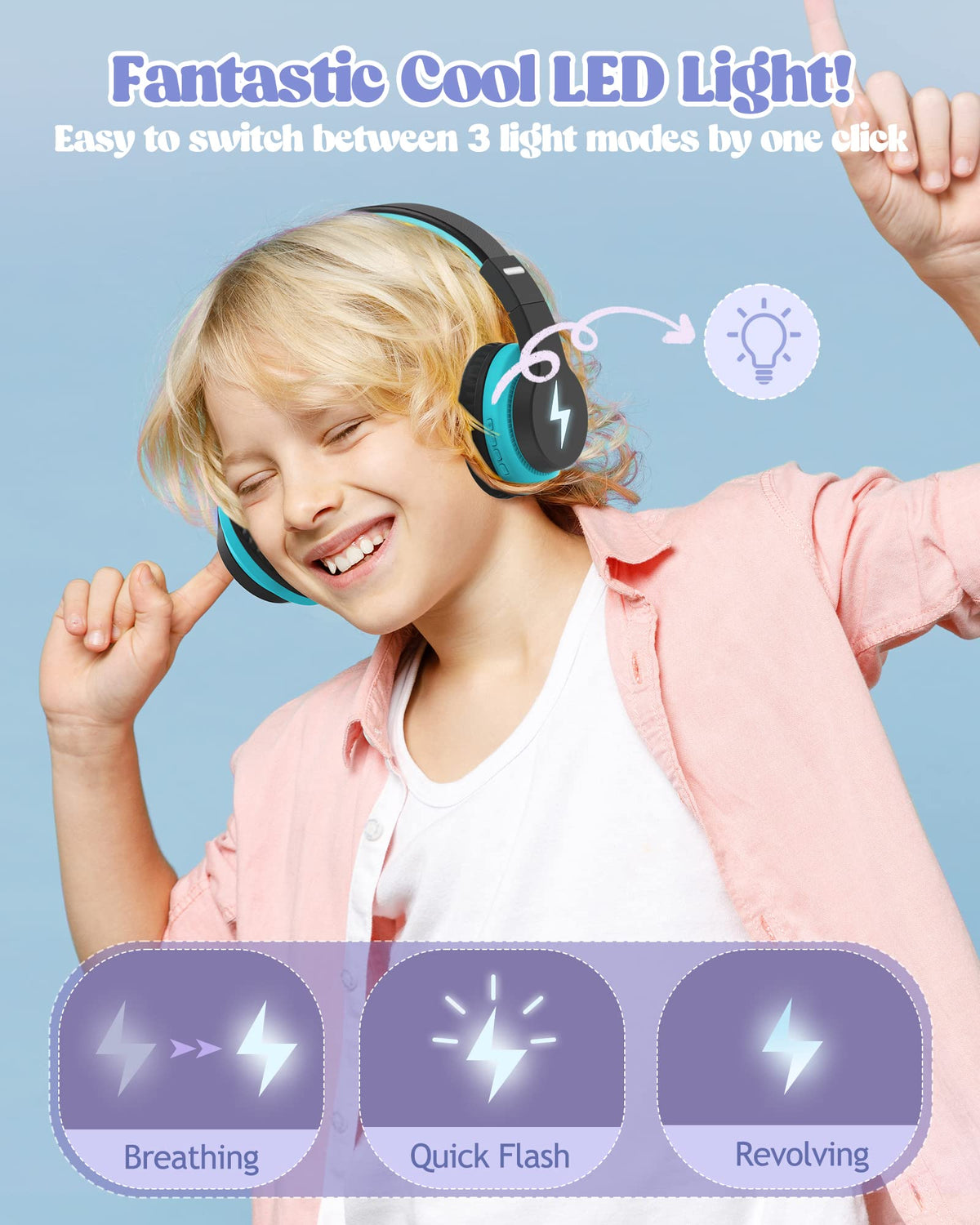 Kids Wireless Headphones with LED Lights and Mic, Volume Limited, Blue