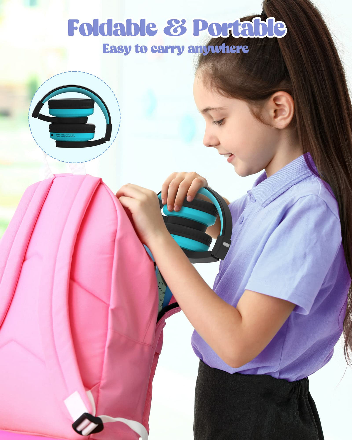 Kids Wireless Headphones with LED Lights and Mic, Volume Limited, Blue