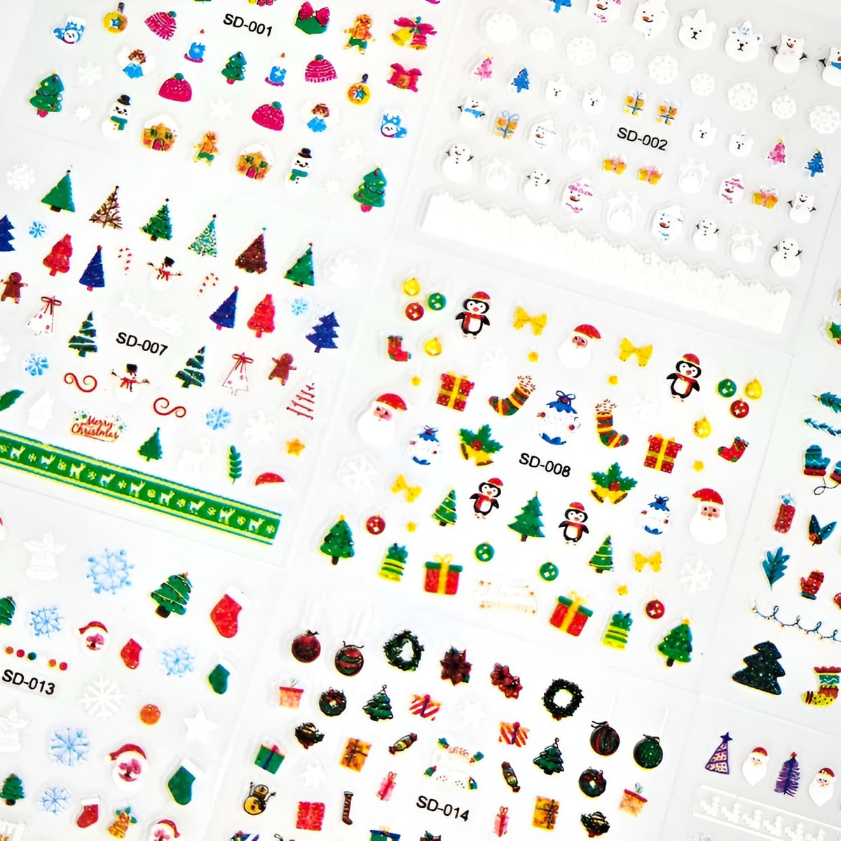 Namrec Christmas Nail Stickers 5D Embossed Santa Snowflake Colorful 2 Sheets