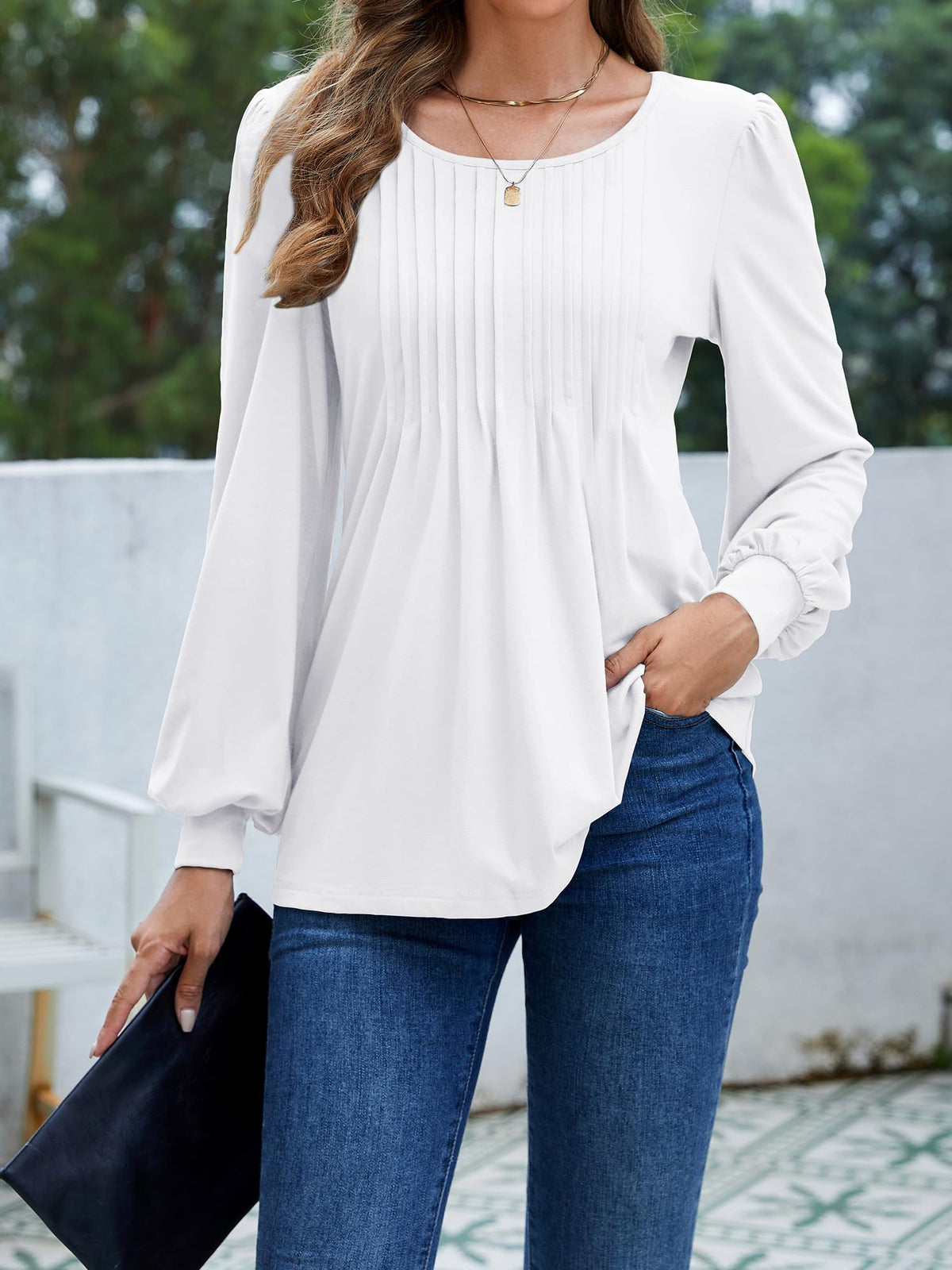 Camisa tipo túnica Licemere para mujer, de manga larga con pliegues y mangas abullonadas, color blanco, talla L