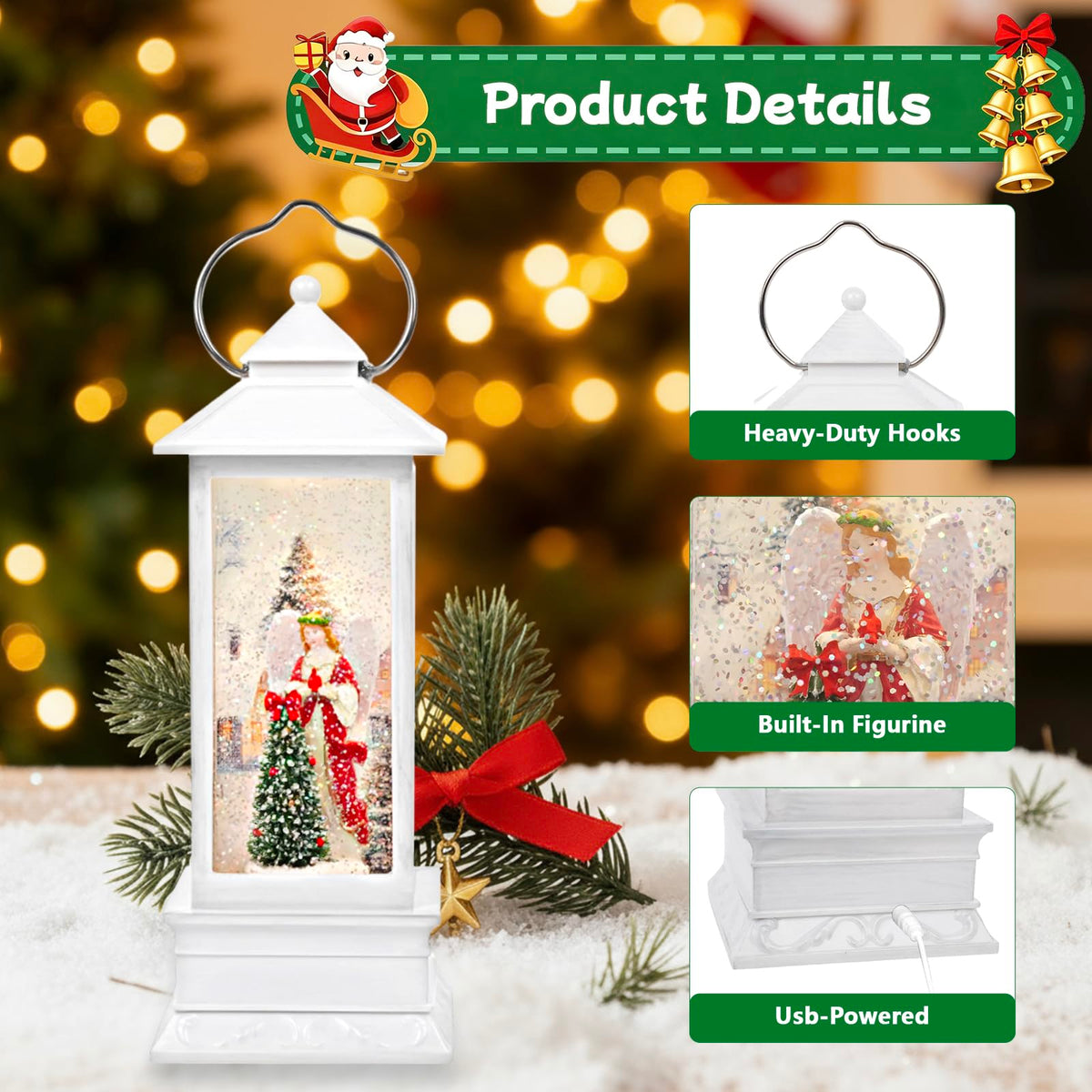 Linterna navideña LED Little Glee con música, decoración festiva de resina para árbol con ángel