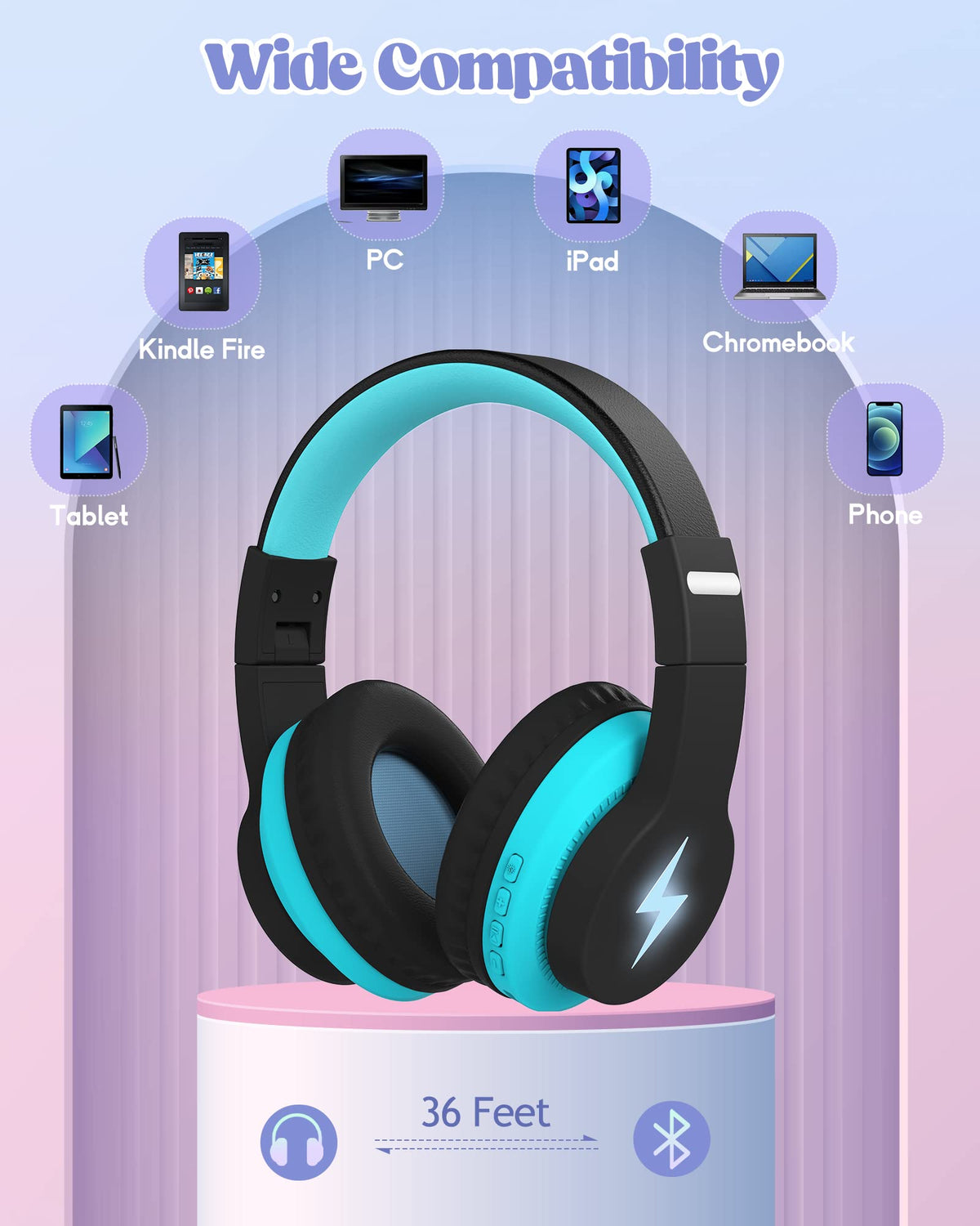 Kids Wireless Headphones with LED Lights and Mic, Volume Limited, Blue