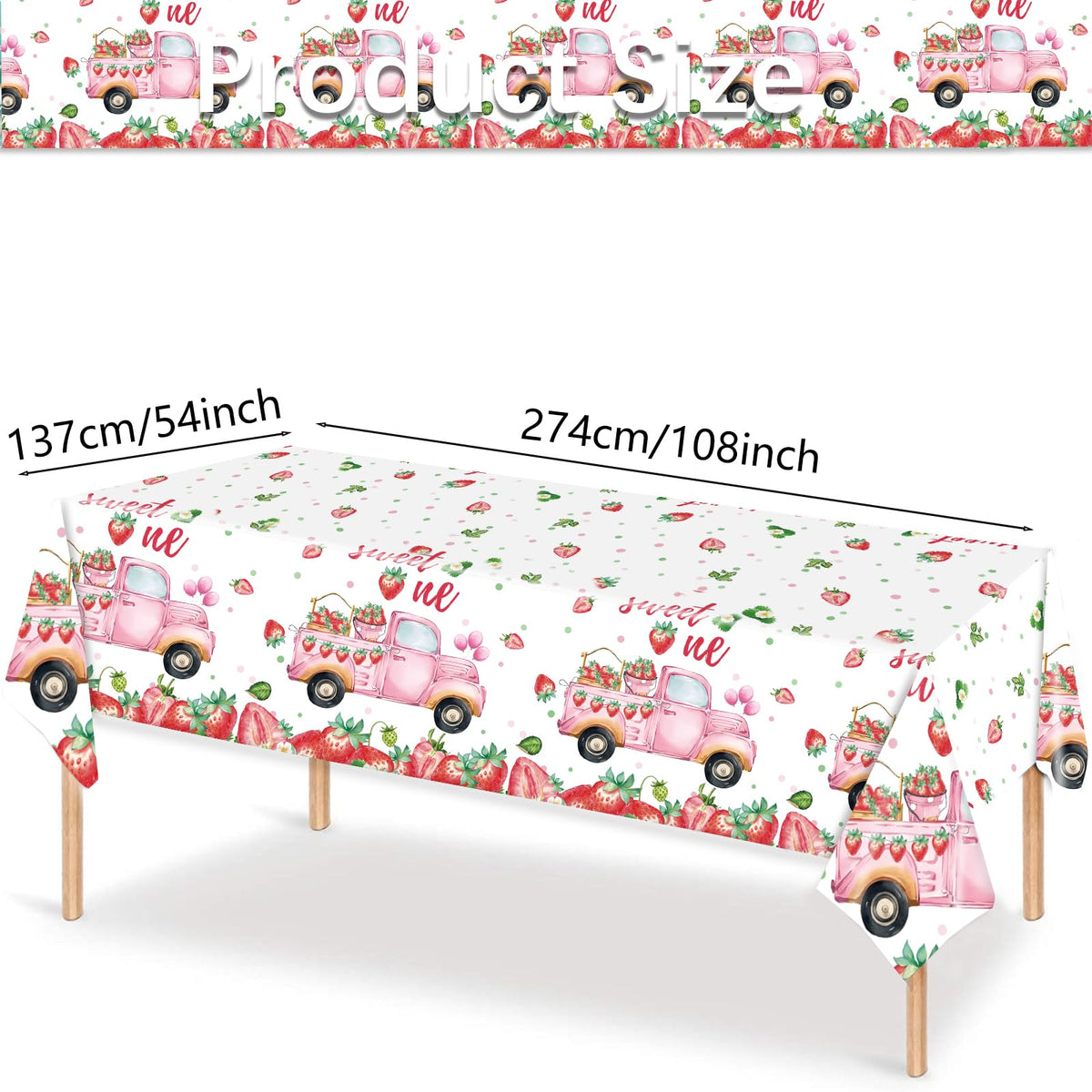 Mantel de plástico para fiestas PHOGARY, diseño de fresas, 3 piezas, rosa, 108 x 54 pulgadas
