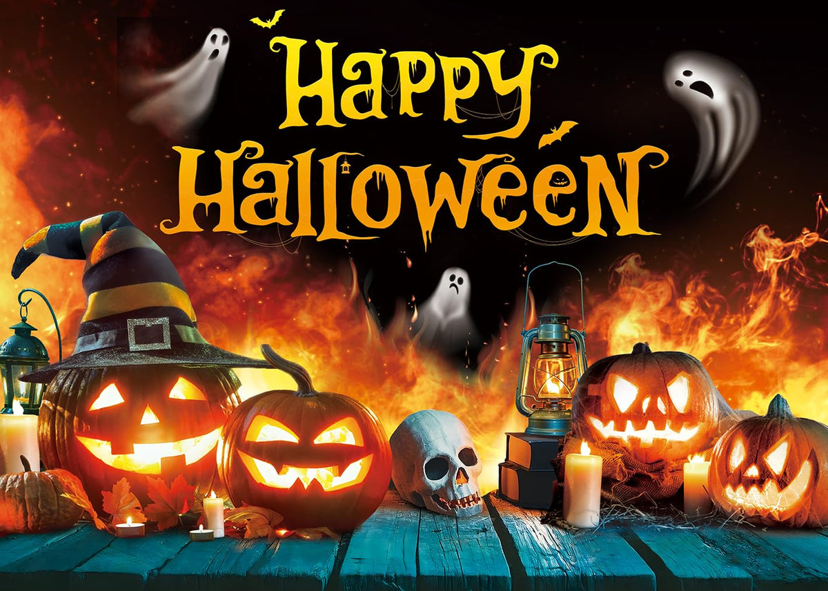 Telón de fondo de Halloween con fantasma, calabaza, llama y casa encantada, pancarta para fiesta de 6x4 pies