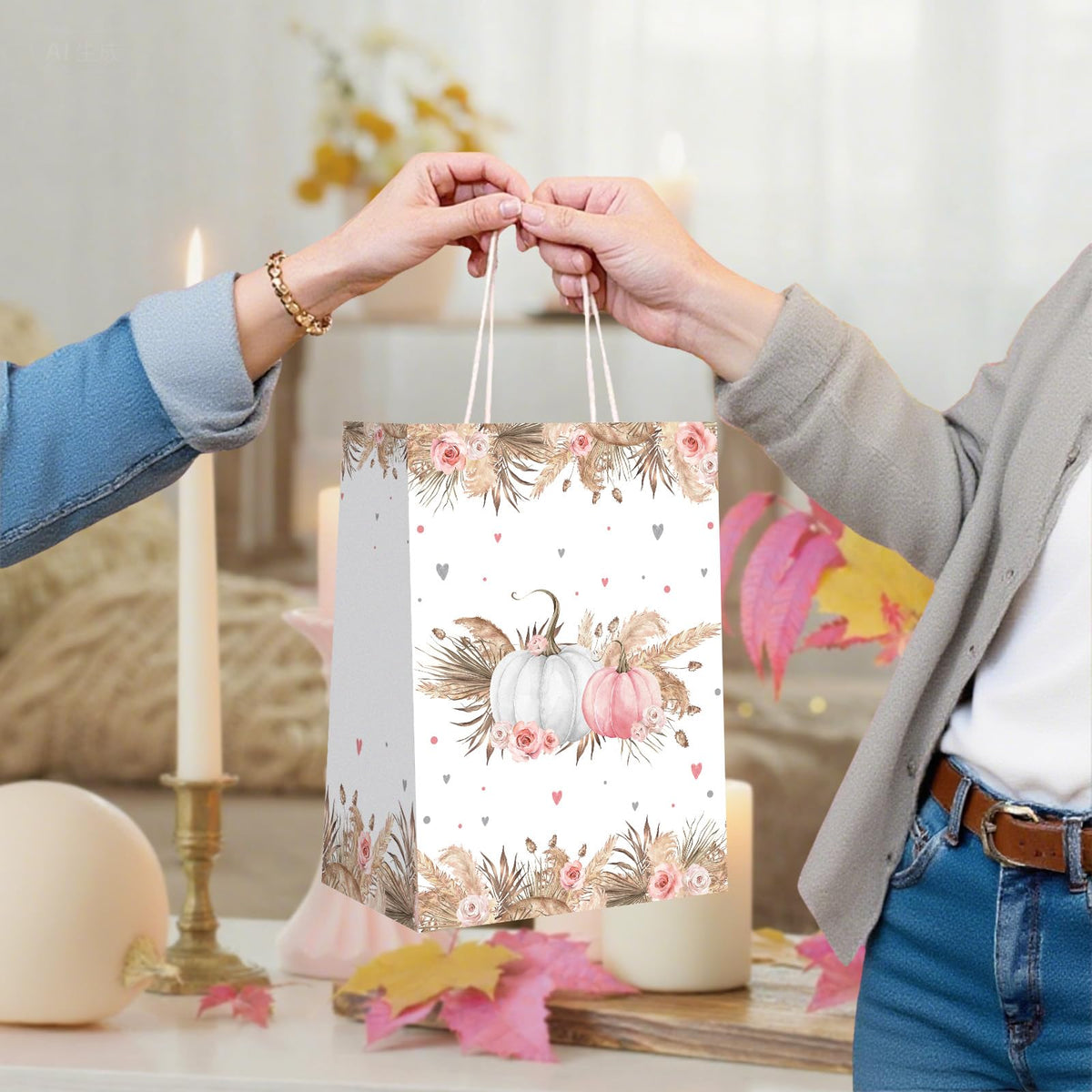 Bolsas de regalo MEHOFOND con diseño de calabaza bohemia con asa, bolsas para dulces de otoño, 16 unidades