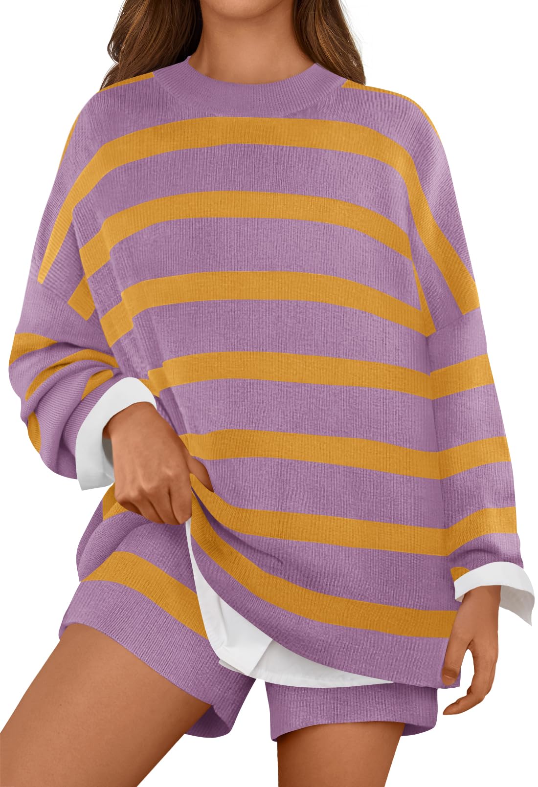 MEROKEETY Conjunto de 2 piezas de suéter para mujer, rayas, manga larga, shorts, morado, talla S