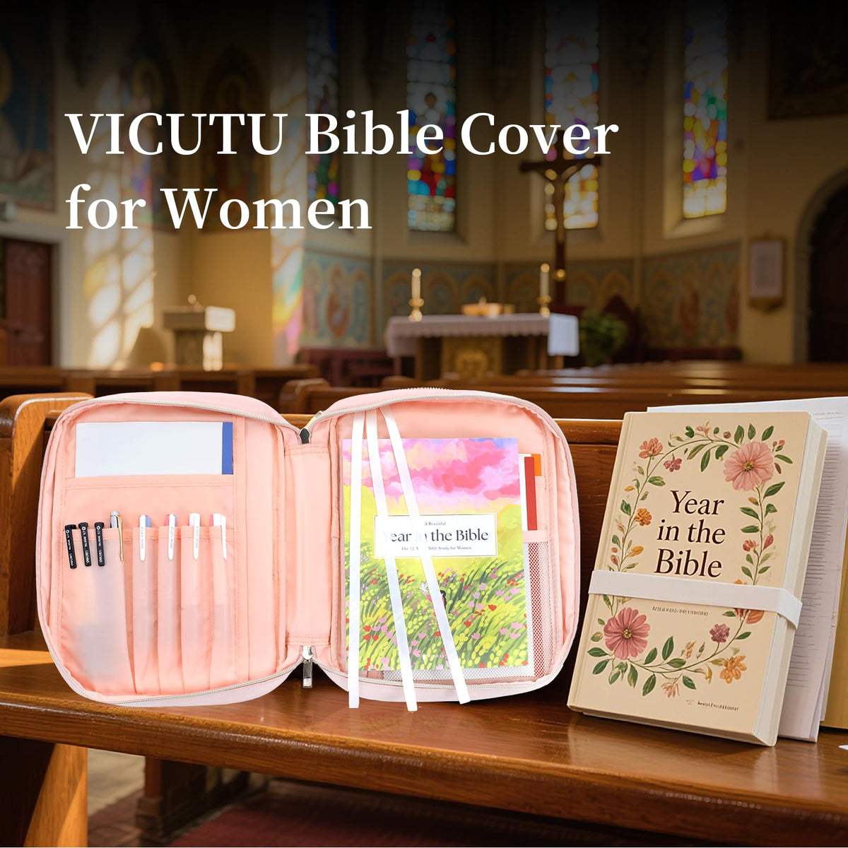 Funda para Biblia VICUTU para mujer con asa, bolso de transporte acolchado y suave, color rosa