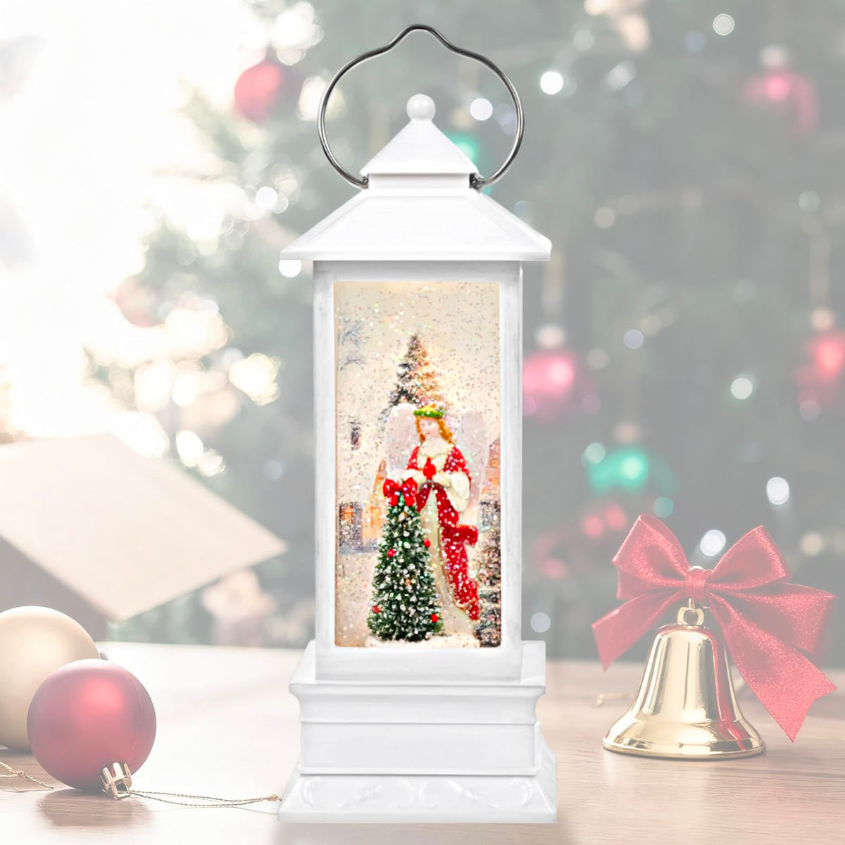 Linterna navideña LED Little Glee con música, decoración festiva de resina para árbol con ángel