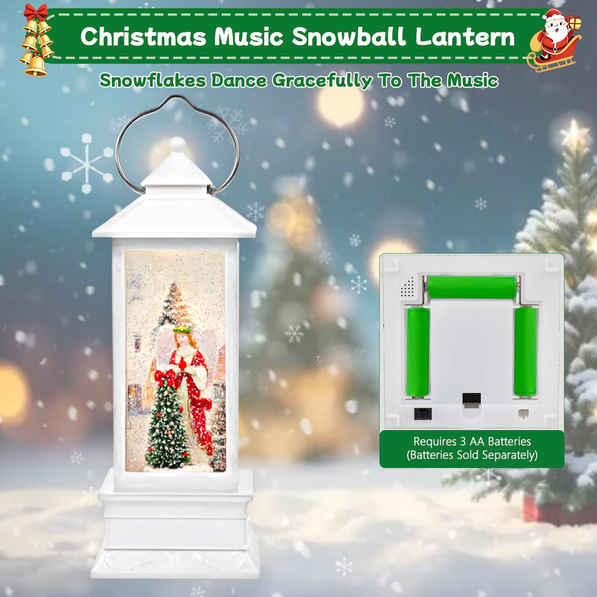Linterna navideña LED Little Glee con música, decoración festiva de resina para árbol con ángel