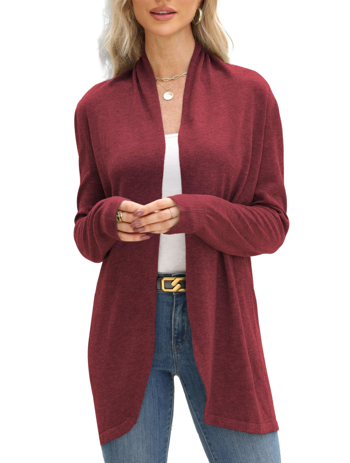 Cárdigan de punto ligero con frente abierto para mujer Vanfany, color burdeos, talla XL