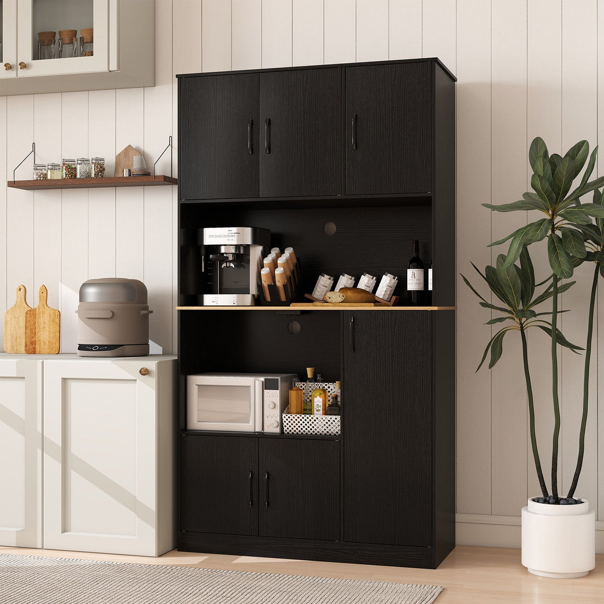 71" Tall Kitchen Pantry Cabinet with Charging Station Wooden Buffet Cupboard Sideboard
