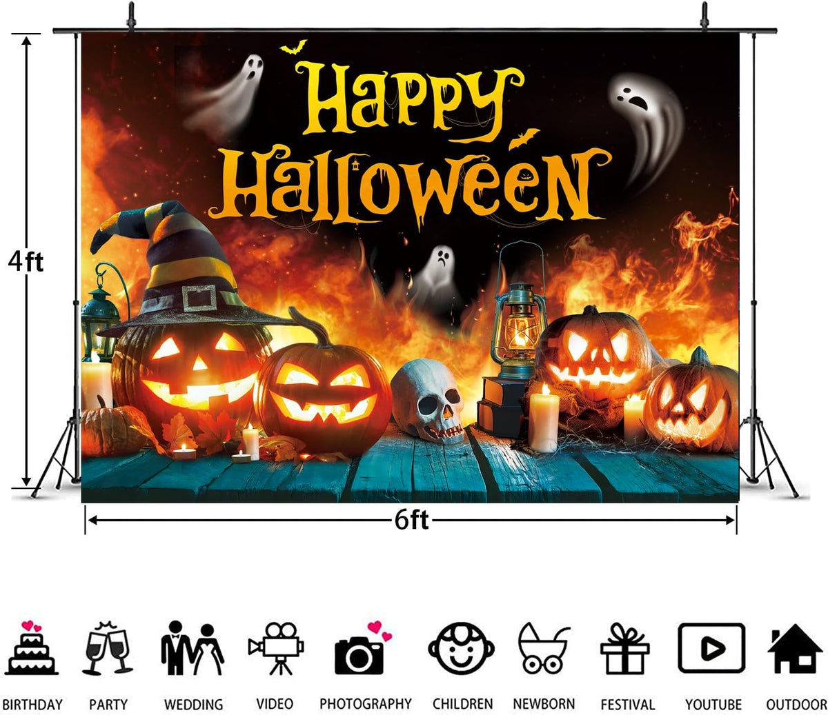 Telón de fondo de Halloween con fantasma, calabaza, llama y casa encantada, pancarta para fiesta de 6x4 pies