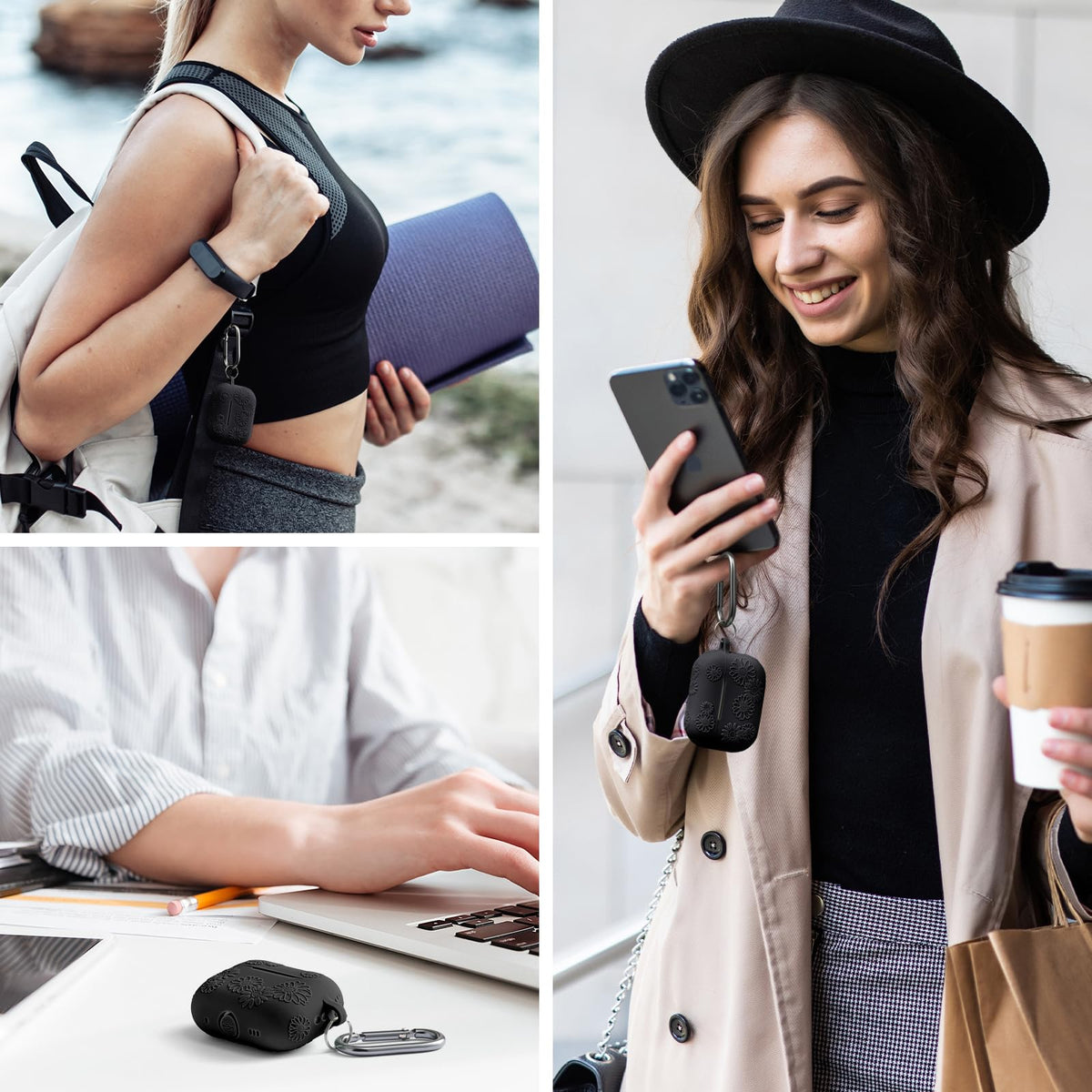 Funda de silicona Adorve para AirPods Pro 2 con grabado de flores, color negro, LED frontal visible