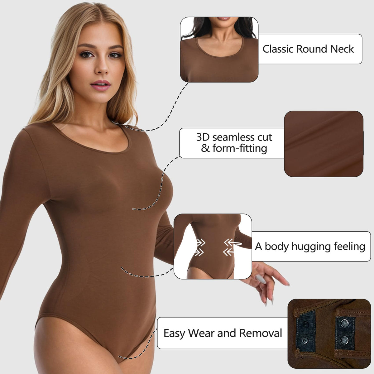 Body de cuello redondo +MD de manga larga para reducir cintura, color café, talla M