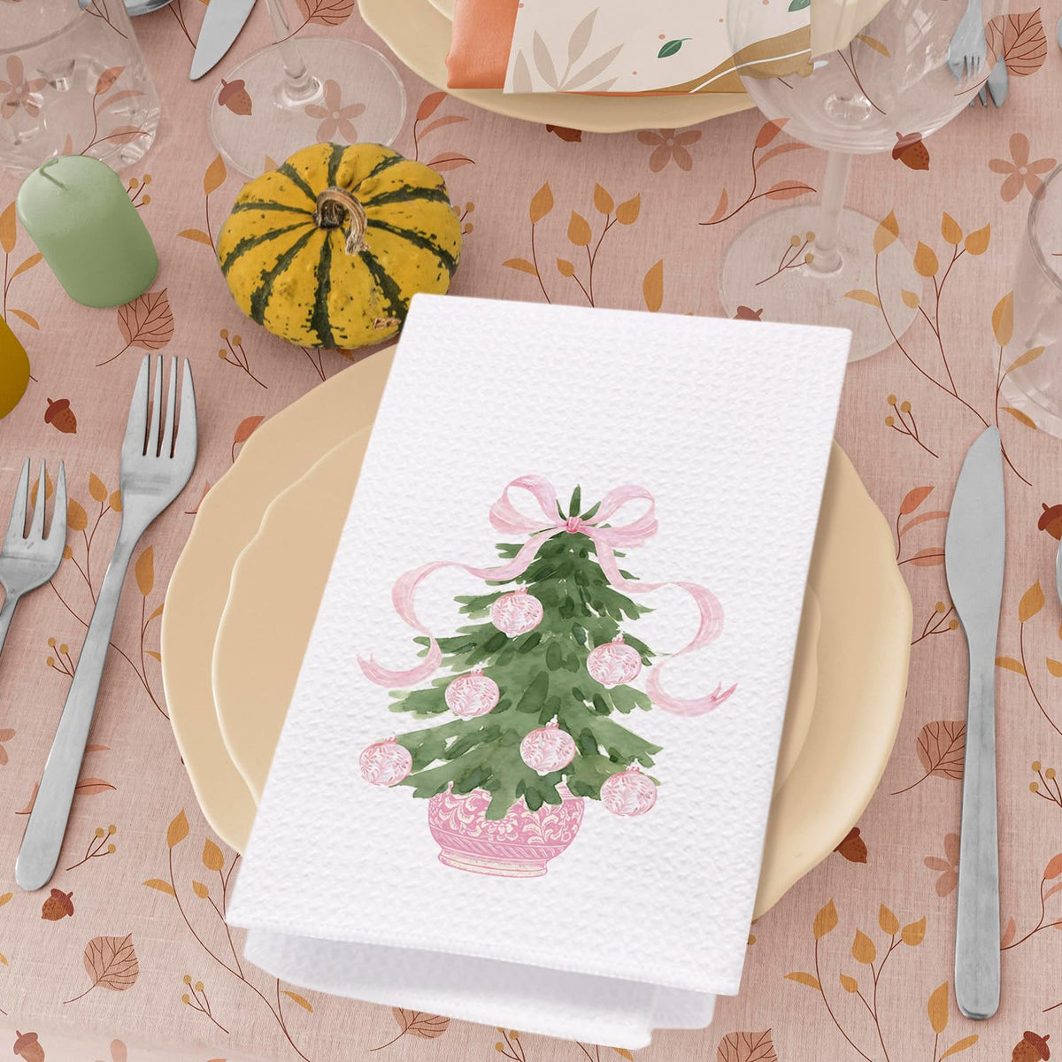 Juego de 2 paños de cocina navideños SPBL&L con diseño chinoiserie, árbol con lazo rosa, 16x24 pulgadas