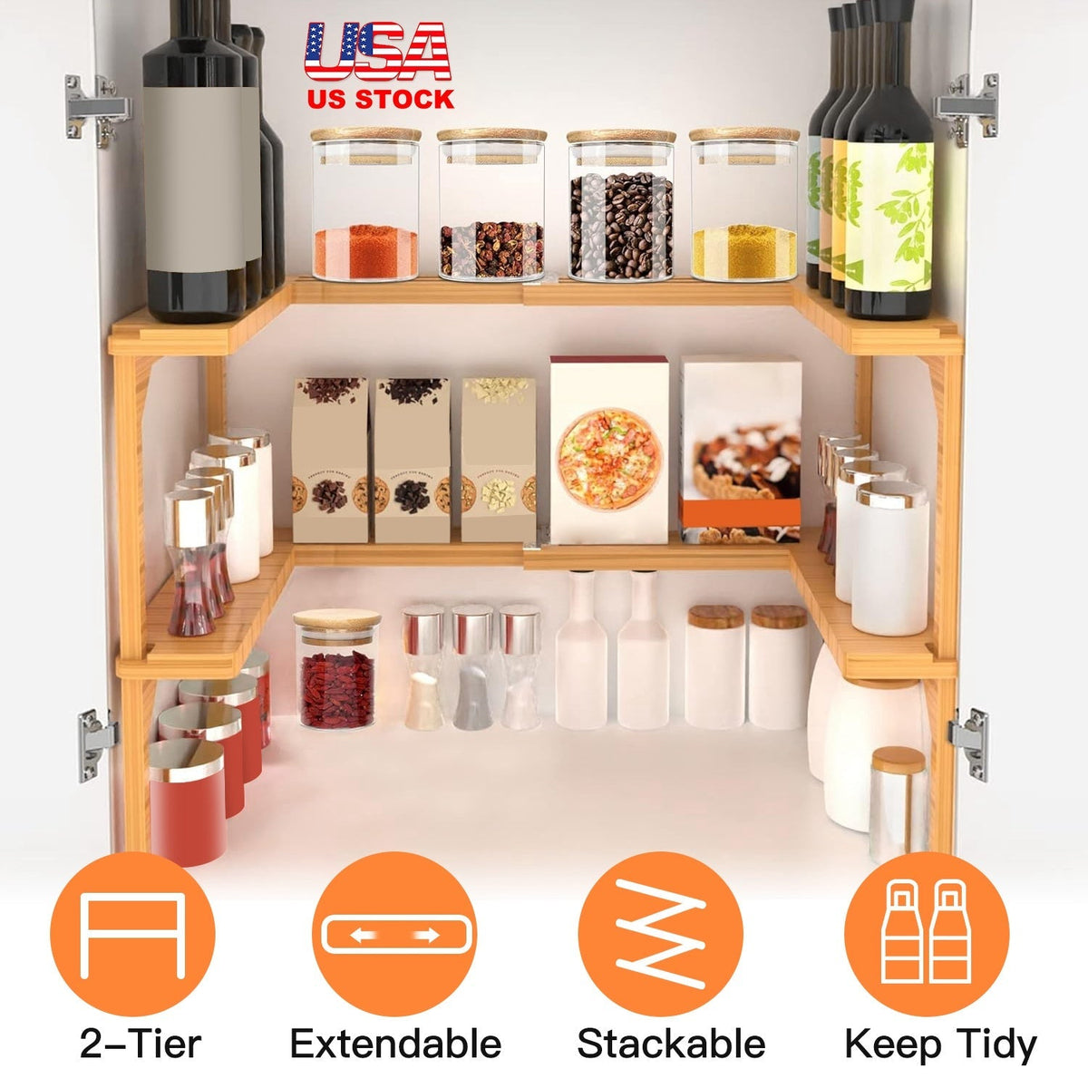 2-Tier Kitchen Spice Rack Expandable Bamboo Spice Organizer Cabinet Stackable Seasoning Organizer Extendable Spice Jar Rack for Countertops Pantries C