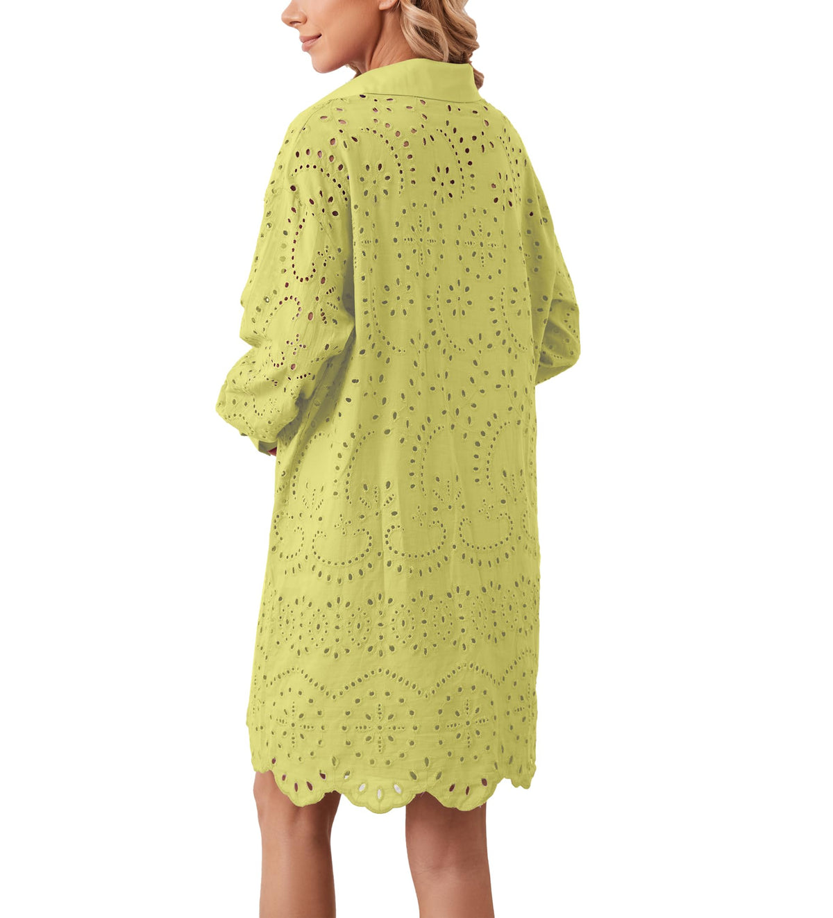 AIHUKOCY Women Hollow Out Button Down V Neck Long Sleeve Mini Dress Yellow M