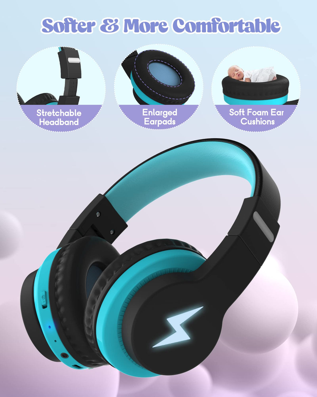 Kids Wireless Headphones with LED Lights and Mic, Volume Limited, Blue