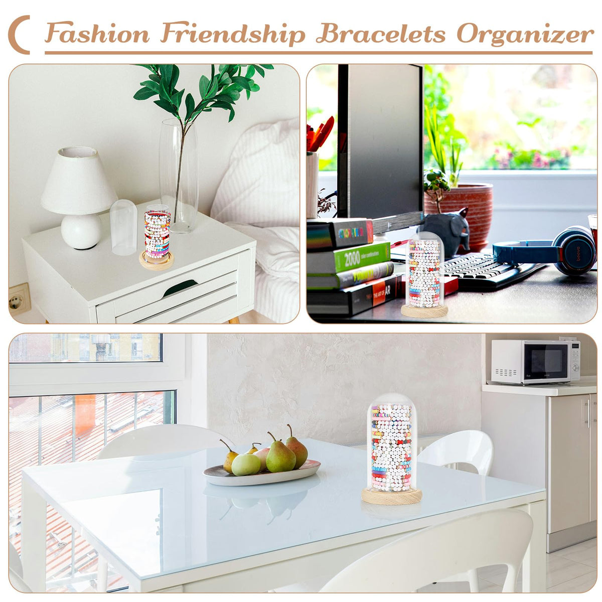 Organizador de pulseras de la amistad Aolamegs con luces y base de madera rústica transparente